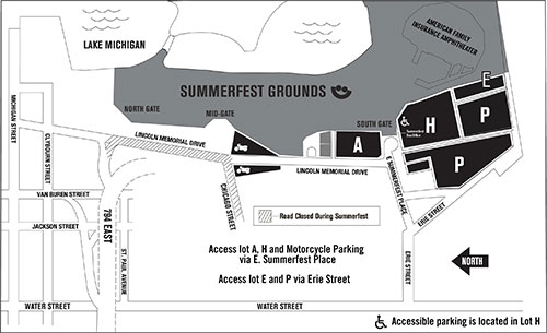 Map of parking locations around the American Family Insurance Amphitheater